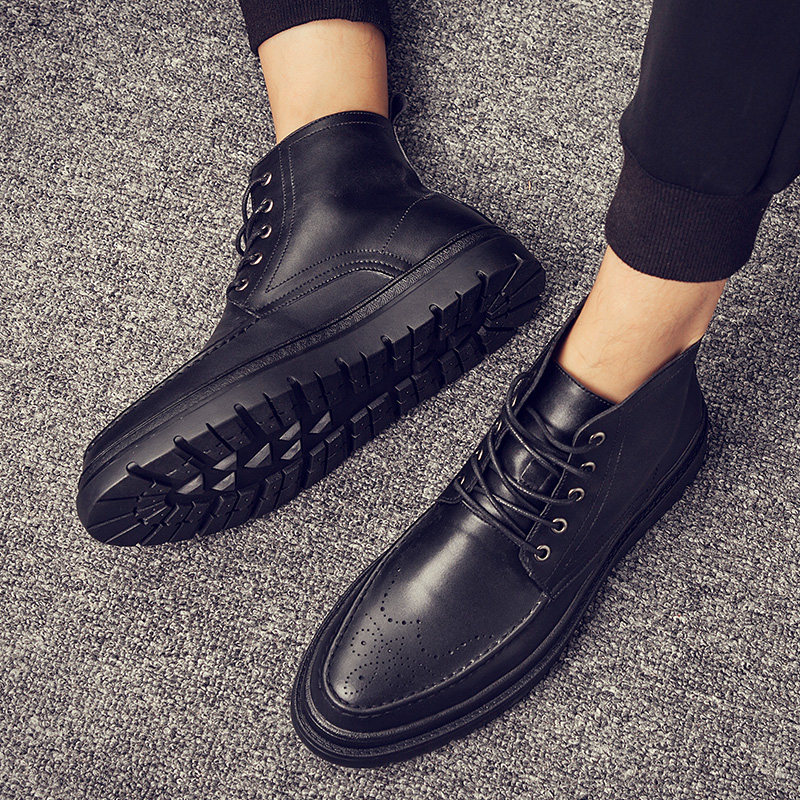 Tide brand Martin boots 2023 autumn new plus velvet casual British high-top shoes men's brogue leather shoes mid-top short boots