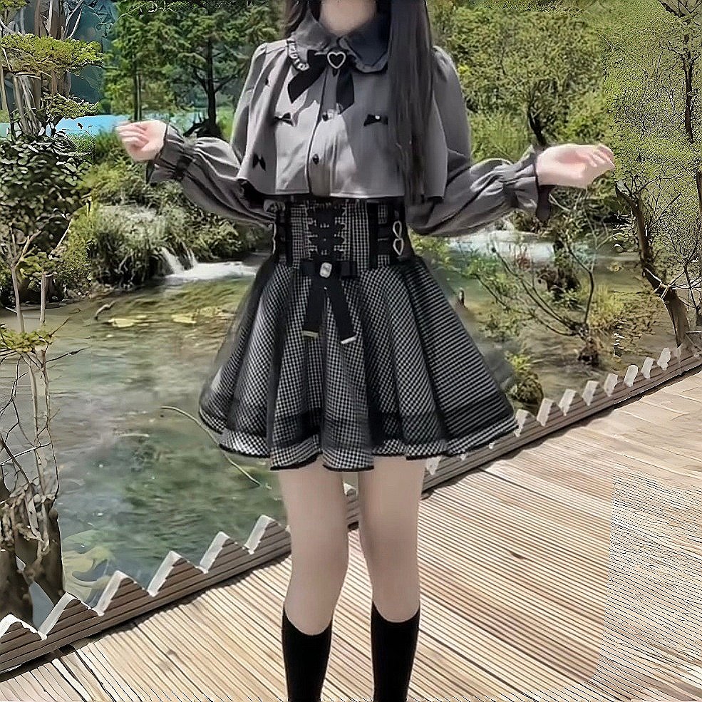 Japanese-style Rojita cape-style two-piece dress, long-sleeved, waist-cinching, lace-up suit, women's slimming dress, subculture style.