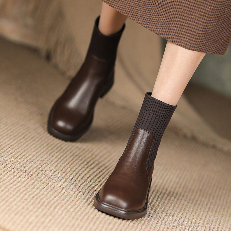 MAROLIO nice appearance ~ coarse heel genuine leather wool socks boots woman new slim slim boot female Martin boots 4cm