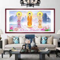 Western Three Saints Buddhist Bodhisattva hanging painting Study Office solid wood framed living room decoration painting Zhaocai town house mural