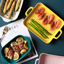 Creative ceramic baking dish double ear cheese baked rice plate oven home microwave oven baking bowl rectangular dish