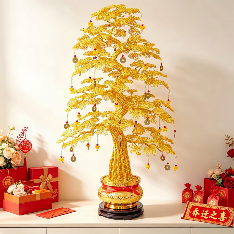 Golden Fortune Tree Ornament, Housewarming Decoration, Money Tree, Purely Handmade Woven Money Tree, New Store Opening Gift, Wealth-Attracting