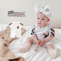 Luca mom B family printed plaid short-sleeved T-shirt one-piece mens and womens childrens bag fart clothes Triangle climbing clothes for infants and young children 3-18 months