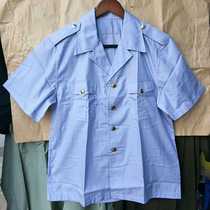 In stock vintage light blue short-sleeved shirt four pockets cotton card shirt collection cadre multi-pocket old shirt