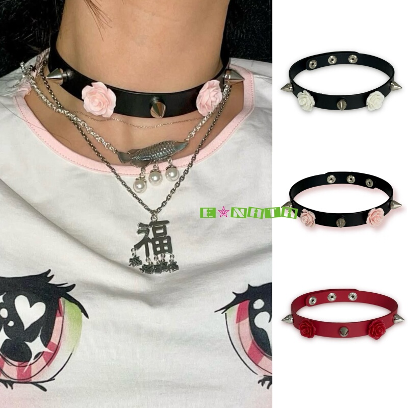 [Pink in Stock] Momentel Leather Flower Studded Shibuya Y2K Choker Adjustable Collar