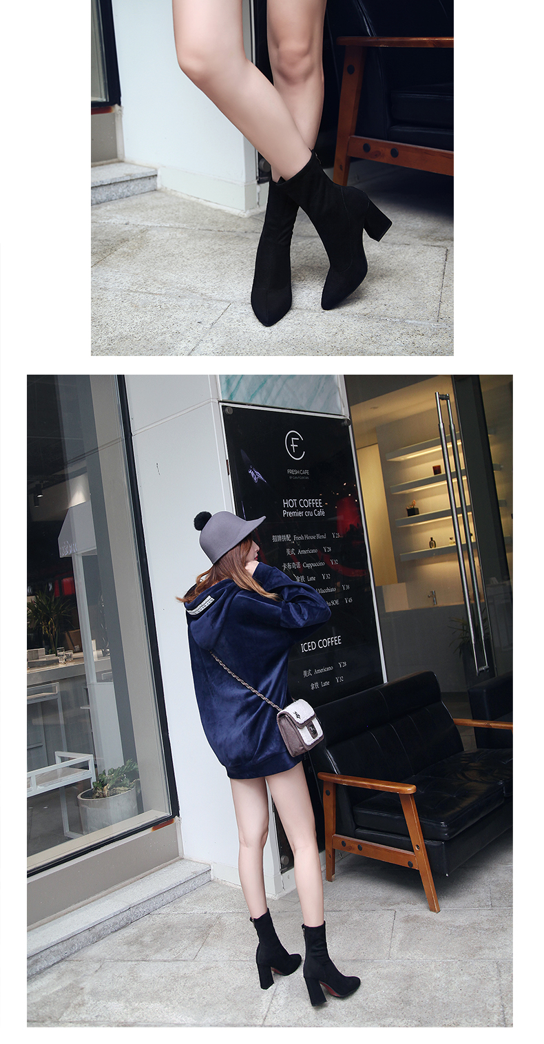2018 mùa thu và mùa đông mới, giày cao gót skinny cao, giày cao gót mũi nhọn có ống dày trong đôi giày nữ ống gió Anh Martin boot cổ ngắn nữ