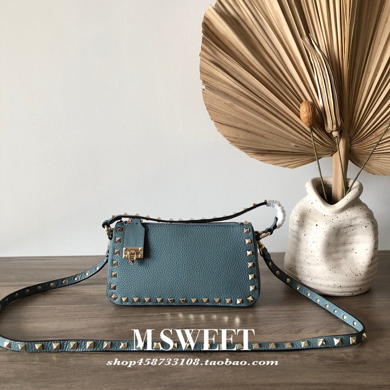 Minimalist Rivet-Decorated Calfskin Lock-Zip Handbag and Crossbody Bag