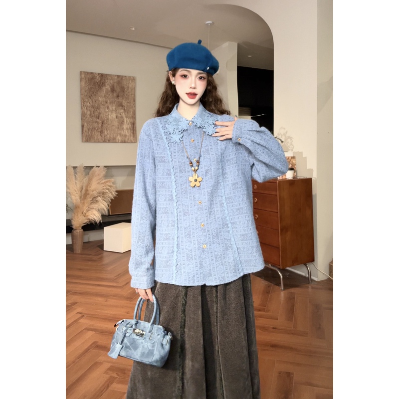 Vgvl Round-Neck Top, Autumn Vintage Design, Stylish Lace, Gentle and Versatile, Elegant Shirt 22179