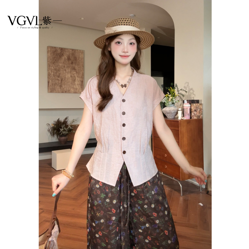 Vgvl Round-Neck Top Summer Design V-Neck Waist-Cinching Slimming Vintage Shirt 21884