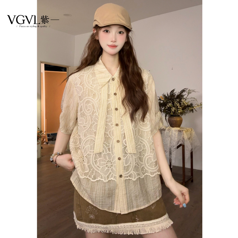 Round-Neck Top with a Vintage Design and Lace Splicing, Versatile Shirt for Summer 21568