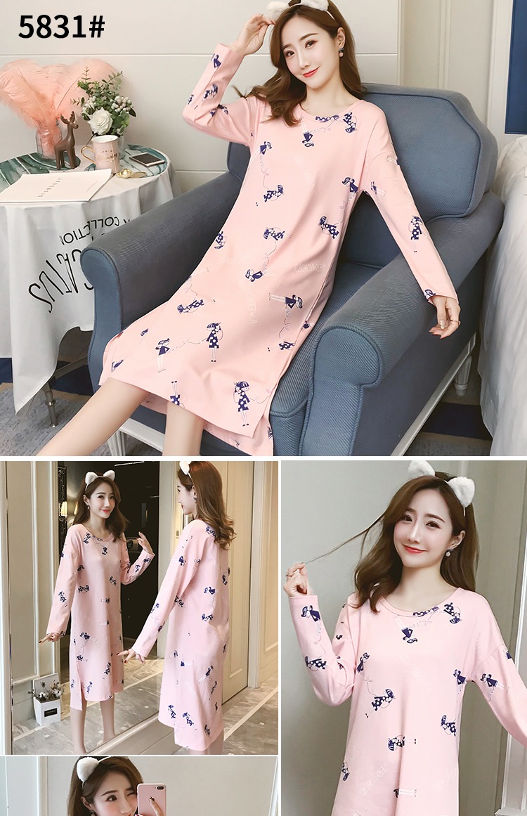 Phiên bản Hàn Quốc của những chiếc váy ngủ nữ mùa thu đông cotton dài tay cỡ lớn rộng rãi ngọt ngào dễ thương cotton nhà quần áo bà bầu đồ ngủ váy xuông