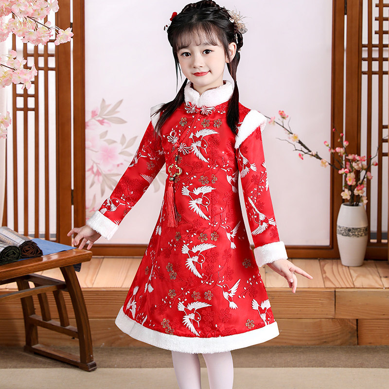 Hanfu Girl's Winter Dress Thickening Ancient Wind Dress Children's Ancient Dress Qipao Skirt China Wind Baby Don Dress the Year of the Bab