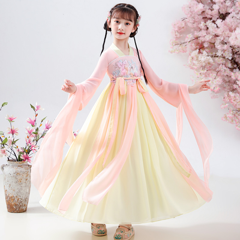 Hanfu Children's women's fall Chinese style dress superfairy dress Super fairy dress CUHK Scout girl Skirt Girl Cherry Blossom Princess Dress