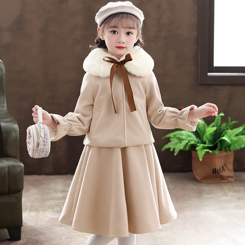 Girl Foreign Dress Autumn Winter New Foreign Pie children Mao Thickened Suits Korean version Two sets of winter style baby dresses