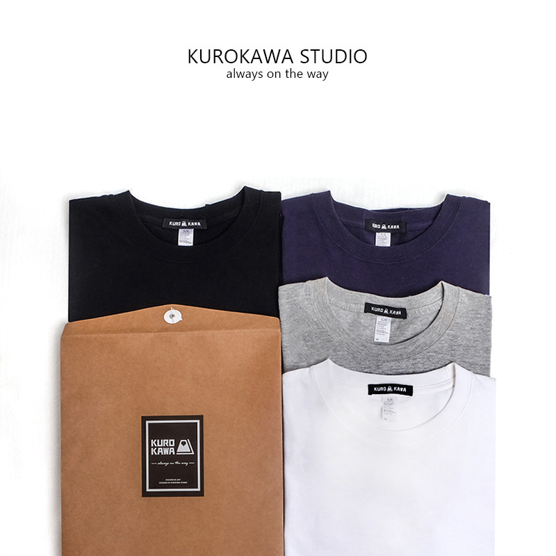 重磅纯棉宽松T恤 复古纯色圆领无缝短袖 kurokawa
