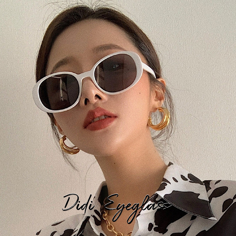 Korean Style Retro Oval White Sunglasses for Women ins Internet Celebrity Style Hot Girl Glasses for Round Faces Slimming Sunglasses for Men Trendy