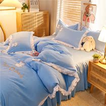 Net red cute bear cartoon pure cotton four-piece set simple cotton skin-friendly cotton bed skirt embroidered princess bed sheet quilt cover