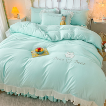 Korean princess style bear simple four-piece set Cotton pure cotton sheets Lace bed skirt embroidery quilt cover bedding