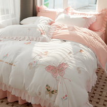 Summer Korean-style princess Wind fairy lace embroidered butterfly bed skirt with four pieces of water washed cotton linen bed