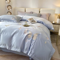 Light extravagant embroideries Nordic Feng Shui Feng Shui Silk Ice Silk Four Pieces Summer Suitable for naked sleeping real silk bed Bamboo Hat Quilt Cover