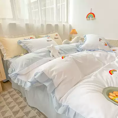 Rainbow ins Wind bed four-piece cotton cotton simple bed sheets bed hats comfortable soft bed skirt quilt cover Spring and Autumn 4