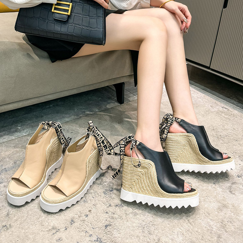 2024 New Uma Stella Rv Wedge Straw Shoes Women's Strappy Roman Thick-Soled Waterproof Platform Heightening Sandals