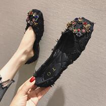 Flat single shoes womens 2021 spring and summer Korean version of Joker diamond buckle leather square head womens shoes soft bottom size flat shoes tide tide