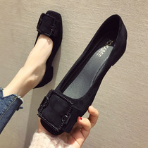 2021 spring and summer new net red thick heel black work single shoes womens square head soft bottom metal buckle casual large size womens shoes