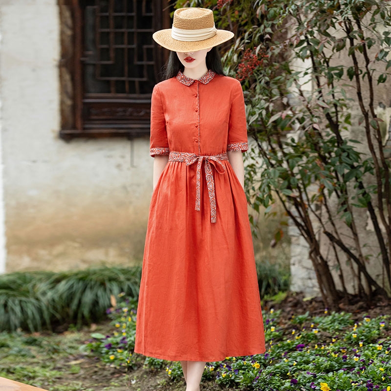 Big Brand Clearance Discount, Last Order, Export Surplus, Women's Cotton and Linen Dress, Loose Fit, Tie-Up Linen Printed Shirt Dress