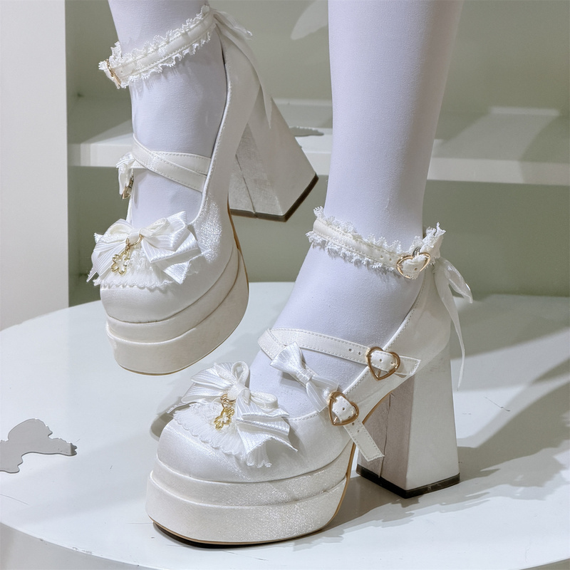 Crown Ceremony Original Sweet Lolita Bow High Heels Women's Chunky Heel Round Toe Mary Jane Shoes with Waterproof Platform