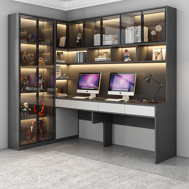 Solid Wood Desk and Bookcase Integrated Table, Light Luxury Style for Bedroom, Home Study Corner L-Shaped Computer Desk and Bookshelf Combination