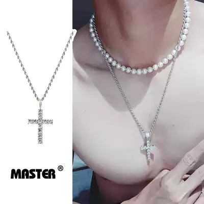 MASTER Ma Si Wei Haoshi full diamond cross European and American Rap Hip Hop men and women necklace couple thick T-shirt Wild
