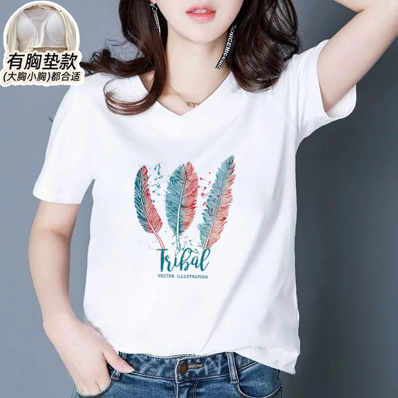 Printed T-Shirt with Chest Pads for Women, Summer Pure Cotton Short-Sleeved Loose Thin Simple Plus-Size Top, Home Wear and Outerwear