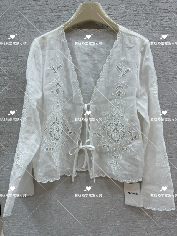 2026 Summer New Heavy Craft Vintage Hollow Embroidery V-Neck Tie Shirt Elegant Ramie Flared Sleeve Blouse for Women 2026 Summer New Heavy Craft Vintage Hollow Embroidery V-Neck Tie Shirt Elegant Ramie Flared Sleeve Blouse for Women