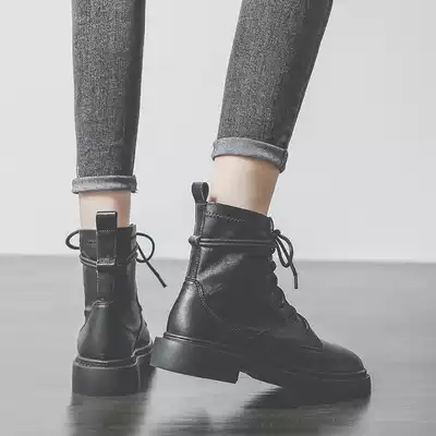 Leather Martin Boots Women Black 2020 English Wind Flat Spring and Autumn Single Boots Small Short Boots Slim Boots