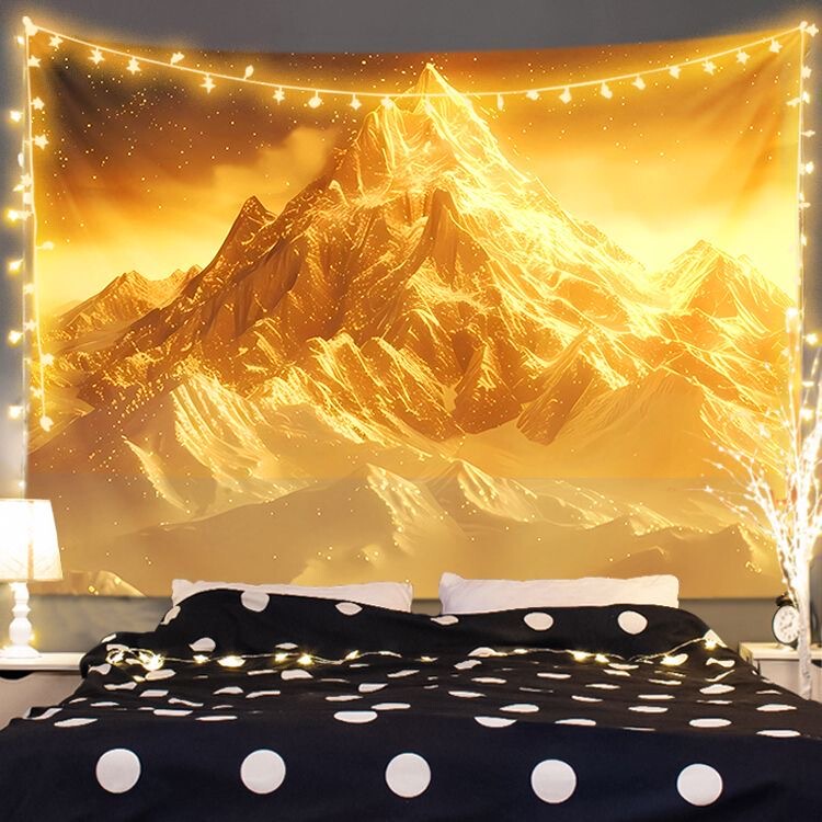 【Atmospheric】Sunlit Golden Mountain Scenery Wall Tapestry Decorative Background Cloth for Bedside Bedroom Dormitory Canvas