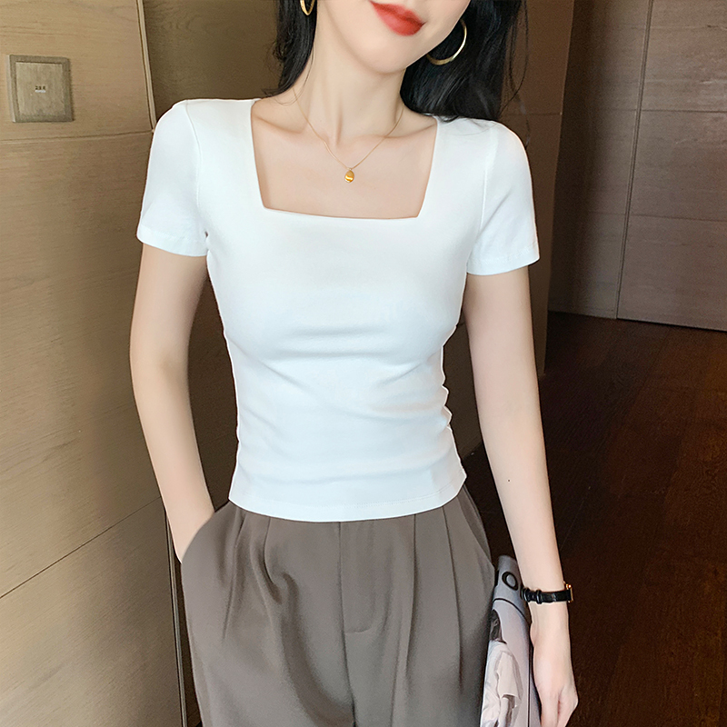 White Square-Neck Short-Sleeve T-Shirt for Women, Suitable for Spring, Summer, and Autumn, with a Waist-Cinching, Regular Shoulder, Low-Neck Design, Slim-Fit Half-Sleeve Short Top