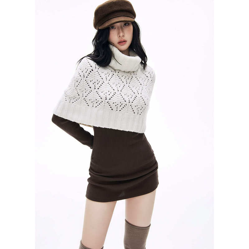 【In Stock for Immediate Dispatch】Iamxiaa* White High-Neck Vintage Hollow-Out Layered Knit Cape Outerwear Top 【In Stock for Immediate Dispatch】Iamxiaa* White High-Neck Vintage Hollow-Out Layered Knit Cape Outerwear Top