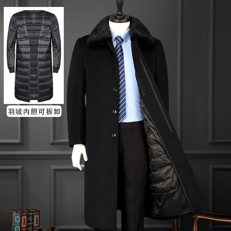 New Winter Cashmere Coat for Men, Extra Long, Over-The-Knee, with Large Fur Collar, Suitable for Middle-Aged and Elderly, Detachable down Jacket, Dad Style