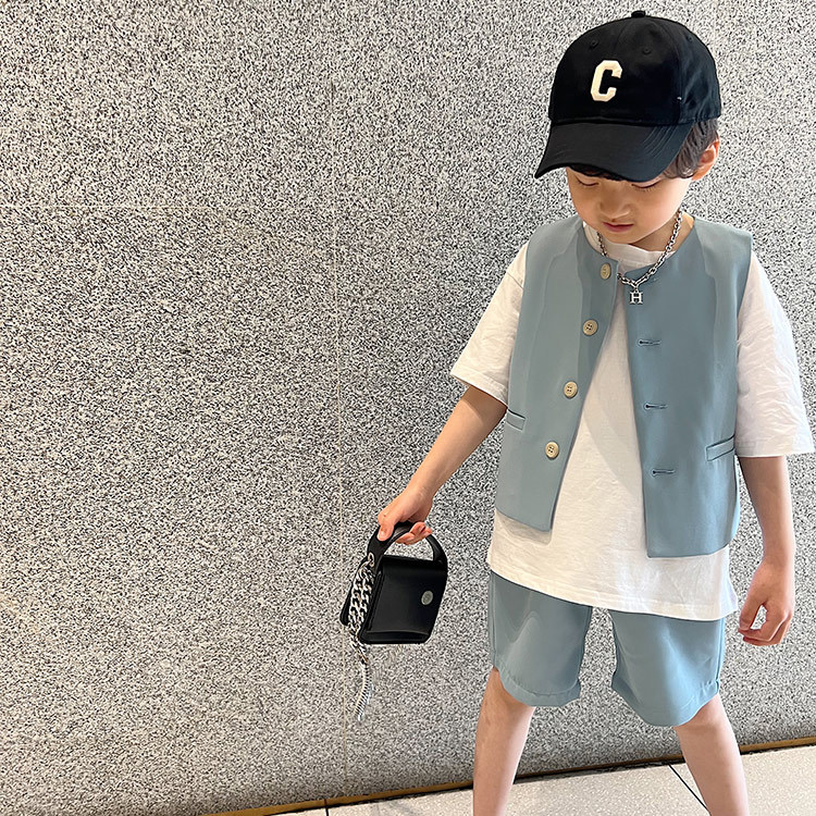2022 Summer New Boys Vest Shorts Two-piece Set Boys Korean Version Round Neck Children's Trendy Pure Color Children's Clothes