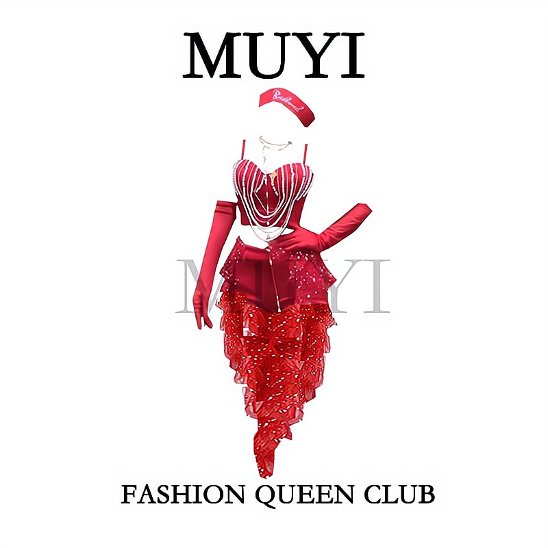 Muyi Original Bar-Style Sexy Nightclub High-End Heavy-Duty Red Rhinestone Performance Costume Gogo Girl Group Stage Outfit