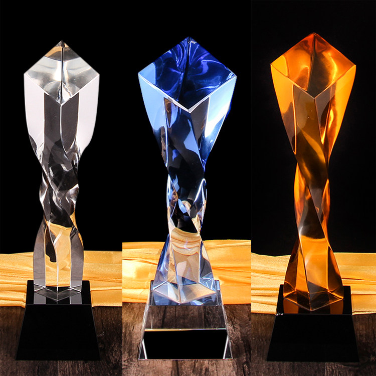 Blue Torsion Column Pickling Pentagonal Bevel Creative Crystal Trophy Custom Upscale Set Up Competition Trophy