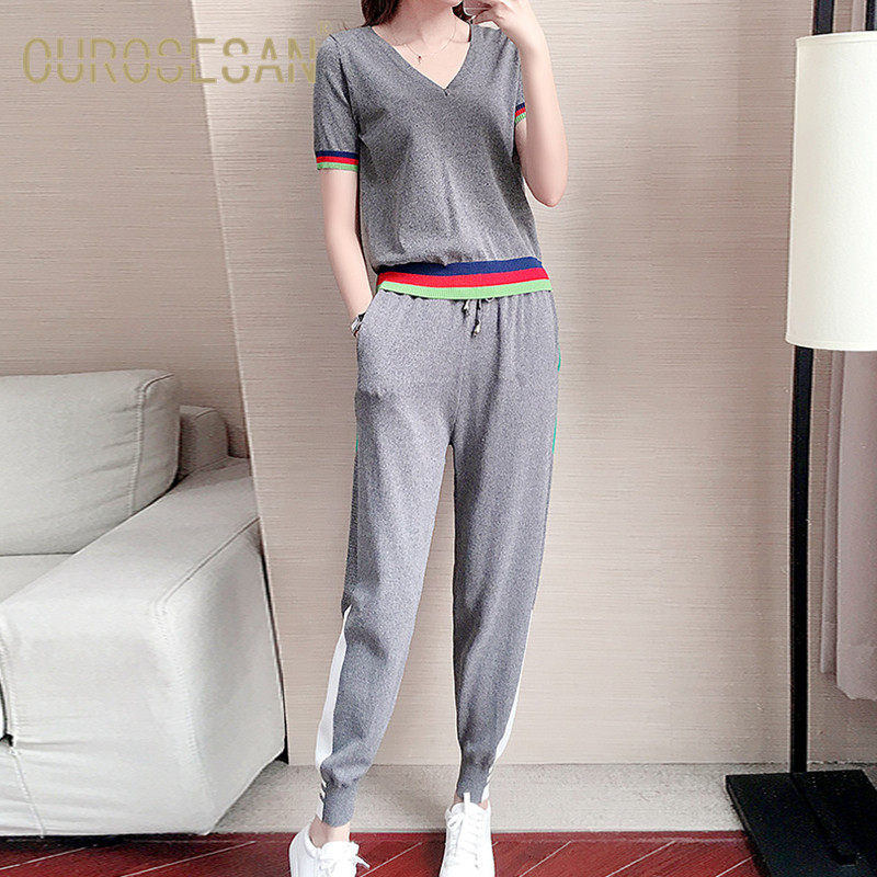 OUROSESAN BRAND FASHION Thin Summer Knit Ice Silk Casual Sports Suit Women Fitness Clothing Two Sets-Taobao