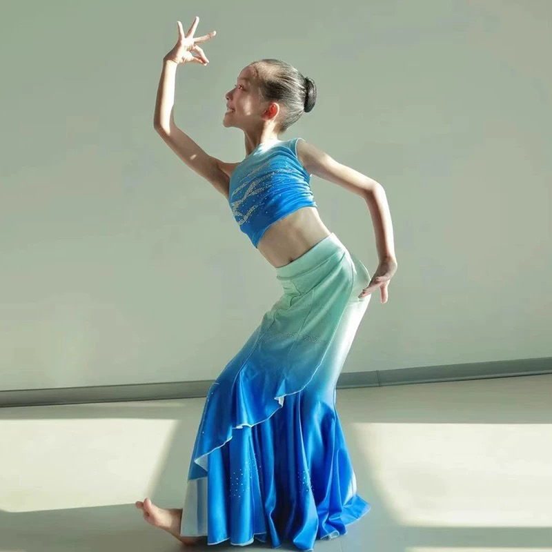 Children's Dai Ethnic Dance Costume Practice Outfit for Girls, Art Exam Competition Performance Costume, Peacock Dance Ethnic New Style Practice Skirt Children's Dai Ethnic Dance Costume Practice Outfit for Girls, Art Exam Competition Performance Costume, Peacock Dance Ethnic New Style Practice Skirt