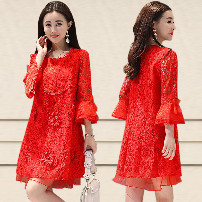 Bride's Red Winter and Spring A-Line Lace Dress Plus-Size Women's Festive Maternity Wedding Dress for Homecoming and Engagement