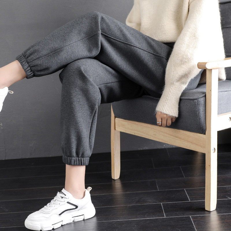 Autumn and winter bloomers women's loose bundle feet plus velvet thickening casual spring and autumn gray tall and long sports pants