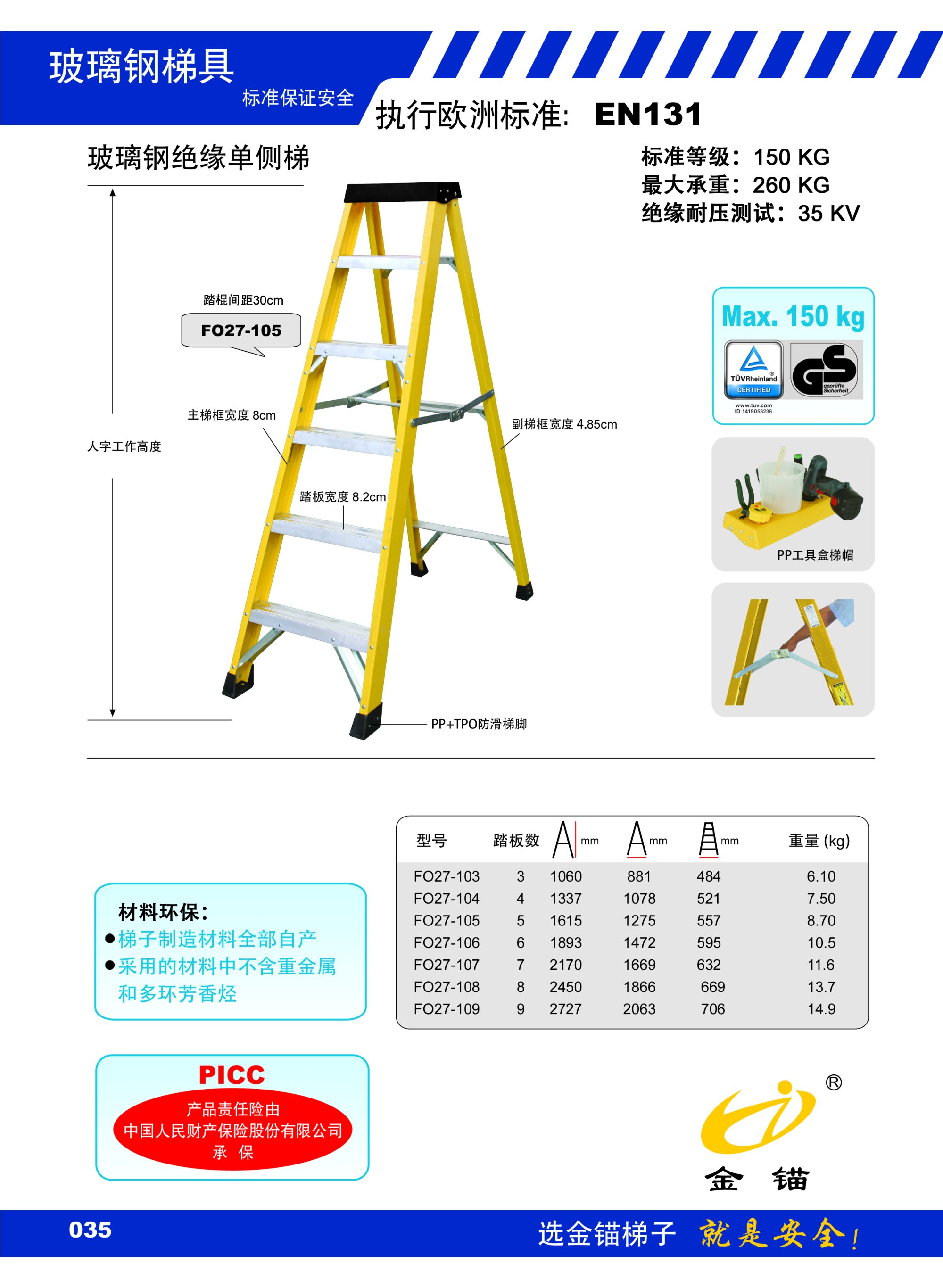 Gold Anchor Glass Fiber Insulation Single Side Ladder F027-103 F027-103 F027-104 F027-105 F027-106