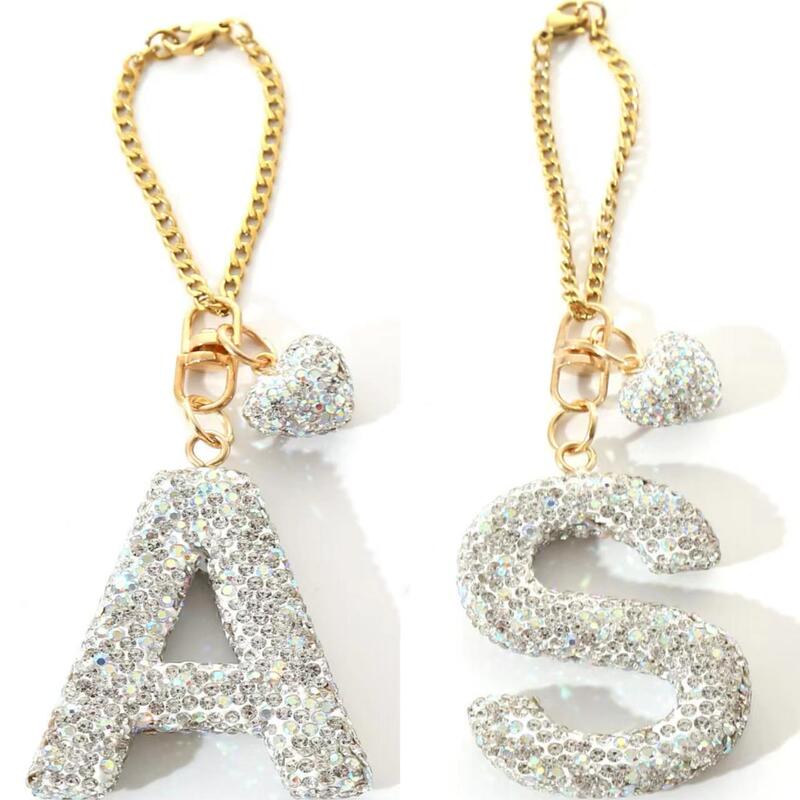 Diamond-Encrusted 26-Letter Alphabet Heart Pendant Bag Charm Name Cup Chain Full of Diamonds Car Keychain for Women