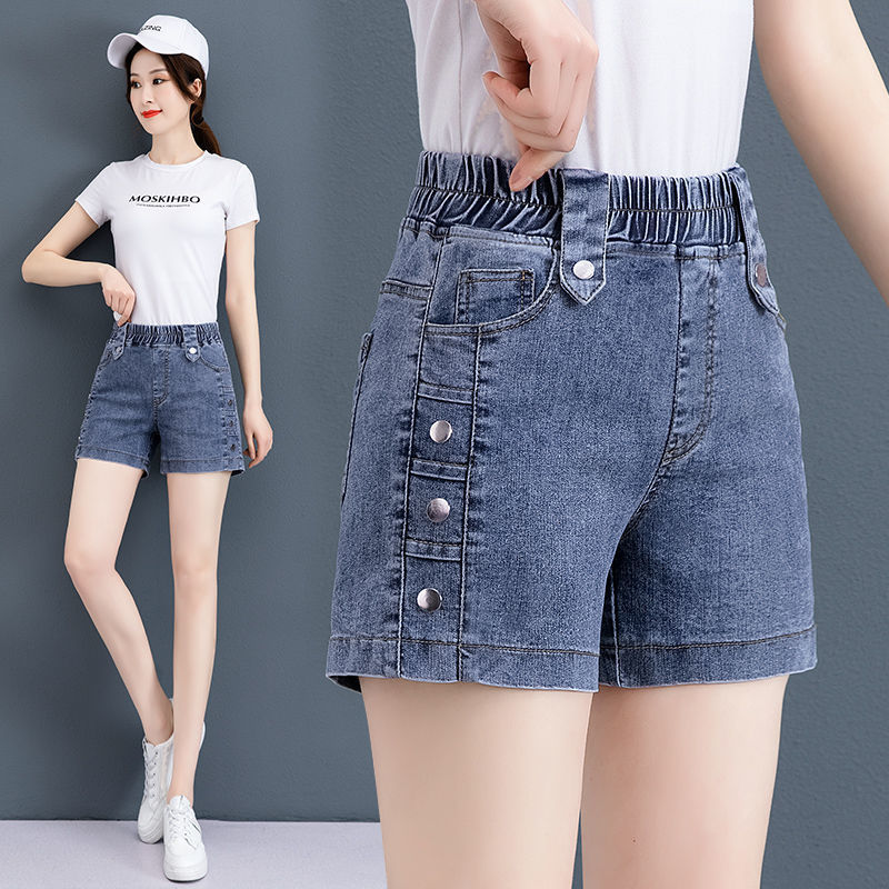 Elastic Waist Denim Shorts for Women, Summer High-Waisted Loose Fit, Stretchy Slimming Plus Size Thin Style, Women's Outerwear Hot Pants Elastic Waist Denim Shorts for Women, Summer High-Waisted Loose Fit, Stretchy Slimming Plus Size Thin Style, Women's Outerwear Hot Pants