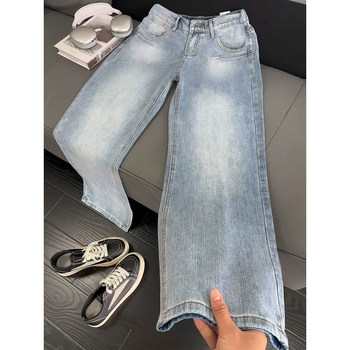 Bamboo Pattern Washed Light Blue Jeans for Men, Autumn High Street Vibe, American Clean Fit Pants, Straight-Leg Flared Pants